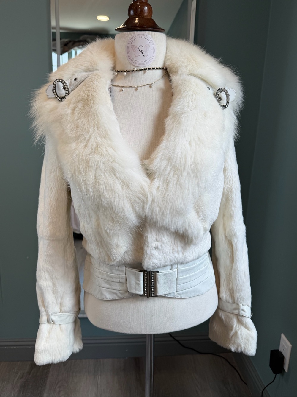 Vintage White Rabbit Fur Jacket Oversized Fox Fur Collar Y2K XS S